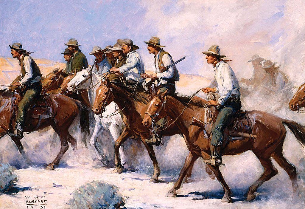 Painting by W.H.D. KOERNER (1931)
Armed posses had a hard time tracking down outlaws in the Big Muddy Valley because of its rugged terrain of canyons, gulches and coulees, and the U.S.- Canadian border so close.