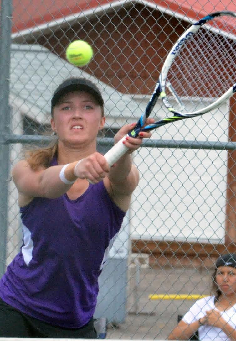 POLSON&#146;S SHEA MCGUINNESS makes a return during her singles final match on Saturday in Polson. She won 6-4, 6-3.  (Jason Blasco/Lake County Leader)