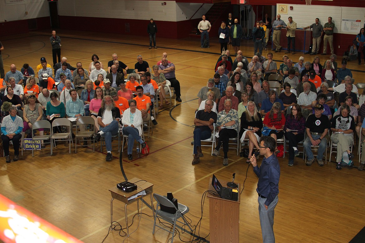 Sandpoint Mayor Shelby Rognstad addresses the Idaho Department of Lands during a public hearing at Sandpoint Middle School on Wednesday night.

(Photo by KEITH KINNAIRD)