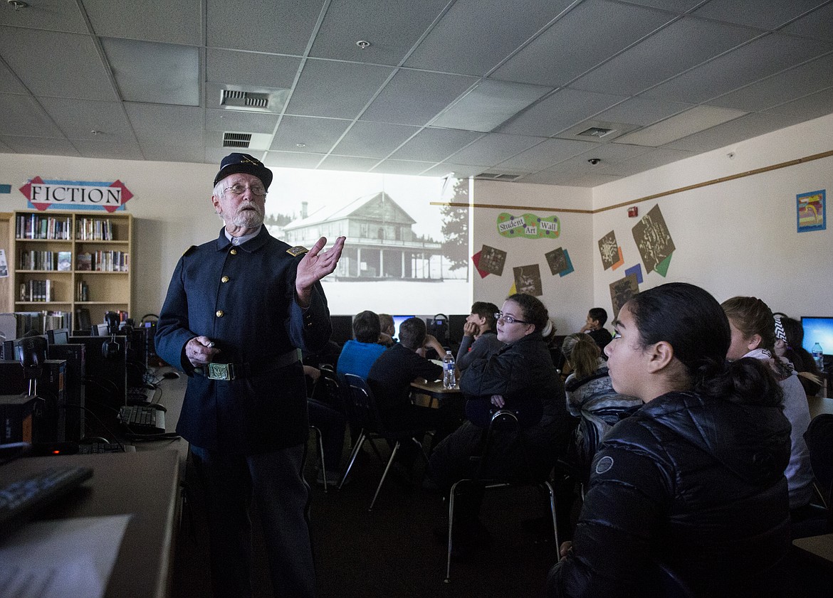 LOREN BENOIT/PressRobert Singletary with the Museum of North Idaho speaks about the history of General William T. Sherman and his ties to the Coeur d'Alene area during class on Tuesday at Lakes Magnet Middle School.