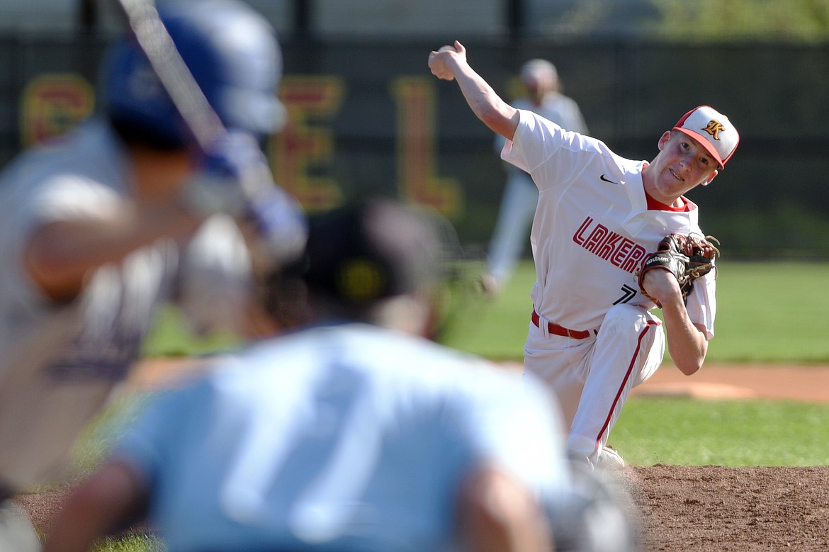 Kalispell Lakers B starting pitcher Jack Corriveau delivers to a LIbby batter in the first inning at Griffin Field in Kalispell on Tuesday. (Casey Kreider/Daily Inter Lake)