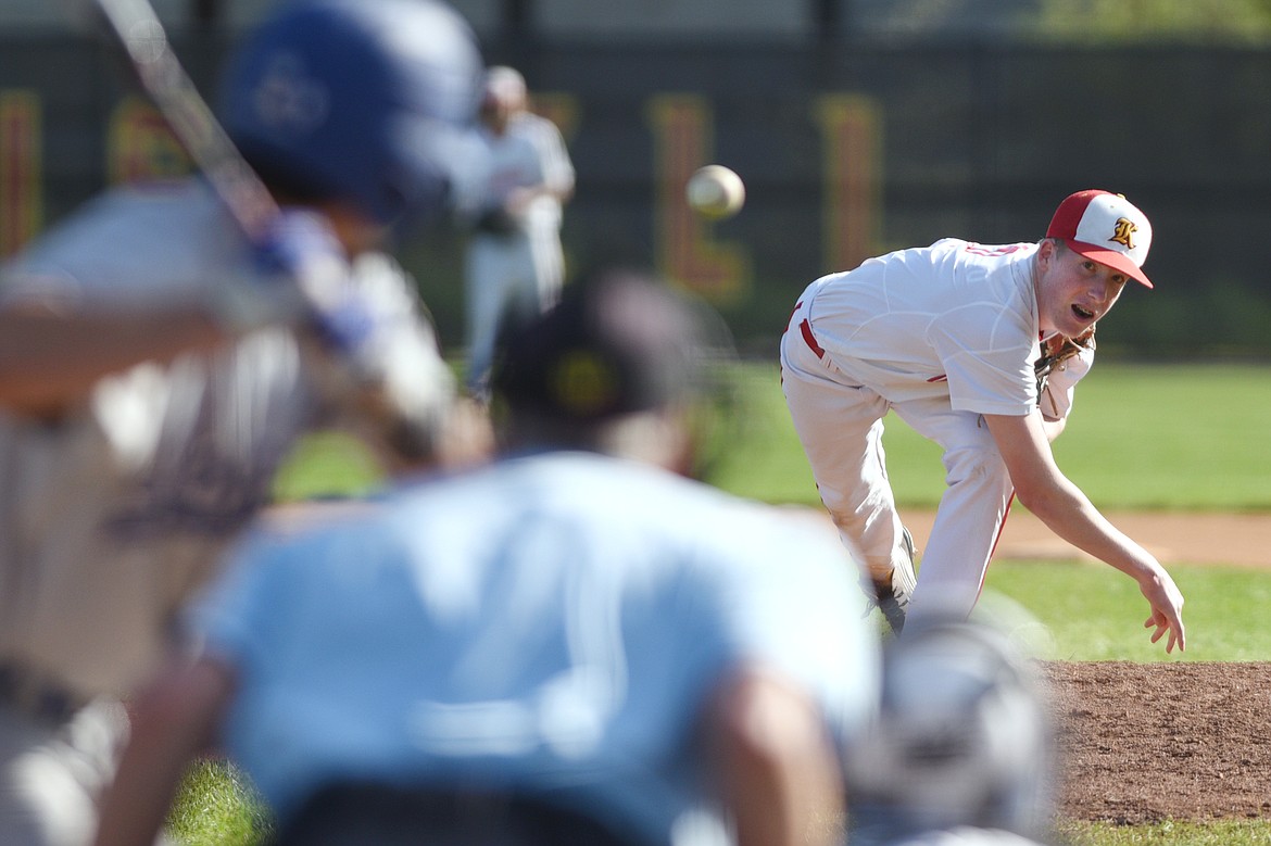 Kalispell Lakers B starting pitcher Jack Corriveau delivers to a LIbby batter in the first inning at Griffin Field in Kalispell on Tuesday. (Casey Kreider/Daily Inter Lake)