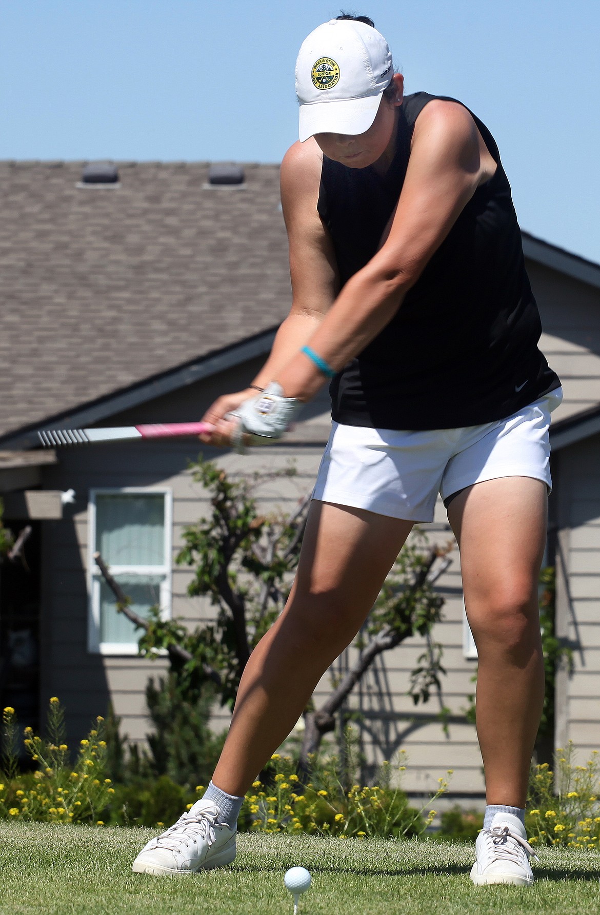 Rodney Harwood/Columbia Basin Herald
Ephrata senior Kenedee Peters hits her tee shot off the 15th tee during her final round on Wednesday at Horn Rapids Golf Course in Richland. Peters won her third 2A state medalist honor in four years.