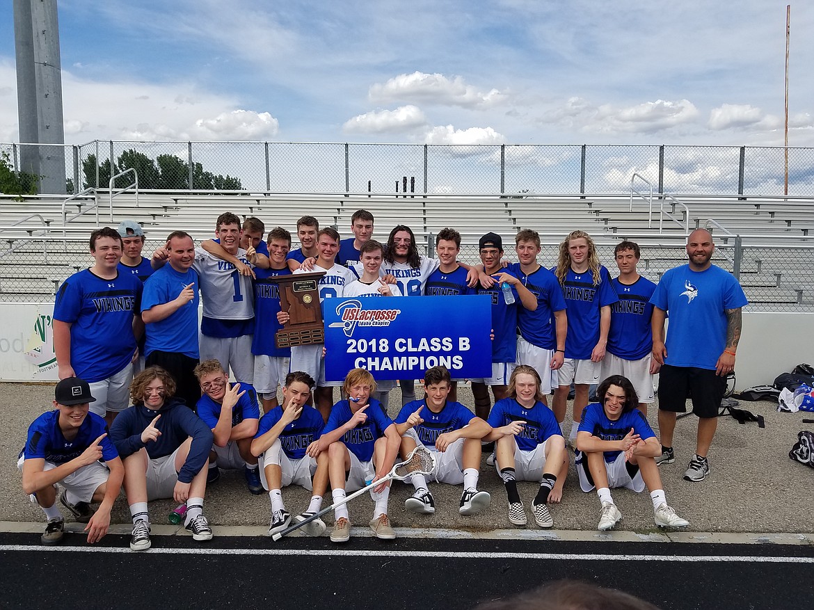 Courtesy photo
Coeur d&#146;Alene won the high school state class &#147;B&#148; lacrosse title on Saturday at Eagle High, beating Idaho Falls 13-12. In the front row from left are Clay Howard, Garrett Dingman, Jace Younker, Brady Hostetter, Jack Pinto, Chris Bouiffeullet, Ryan Schlatter and Jackson Meyer; and back row from left, Josh Hern, Sam Yankoff, assistant coach Cory Mortensen, Chandler Johnson, Caleb Markowski, Gabe Markowski, Tommy Dittman, Seth Harrison, Ethan Runge, Isaac Kamara, Gabe Zanetti, Braden Lorbecki, Hunter Brett, Jesse Holocek, Kessler Johnson, Ty Betts and head coach Jamison Mortensen. Not pictured are Joe Oliveria, Luke McClintick and Nolan Stark.