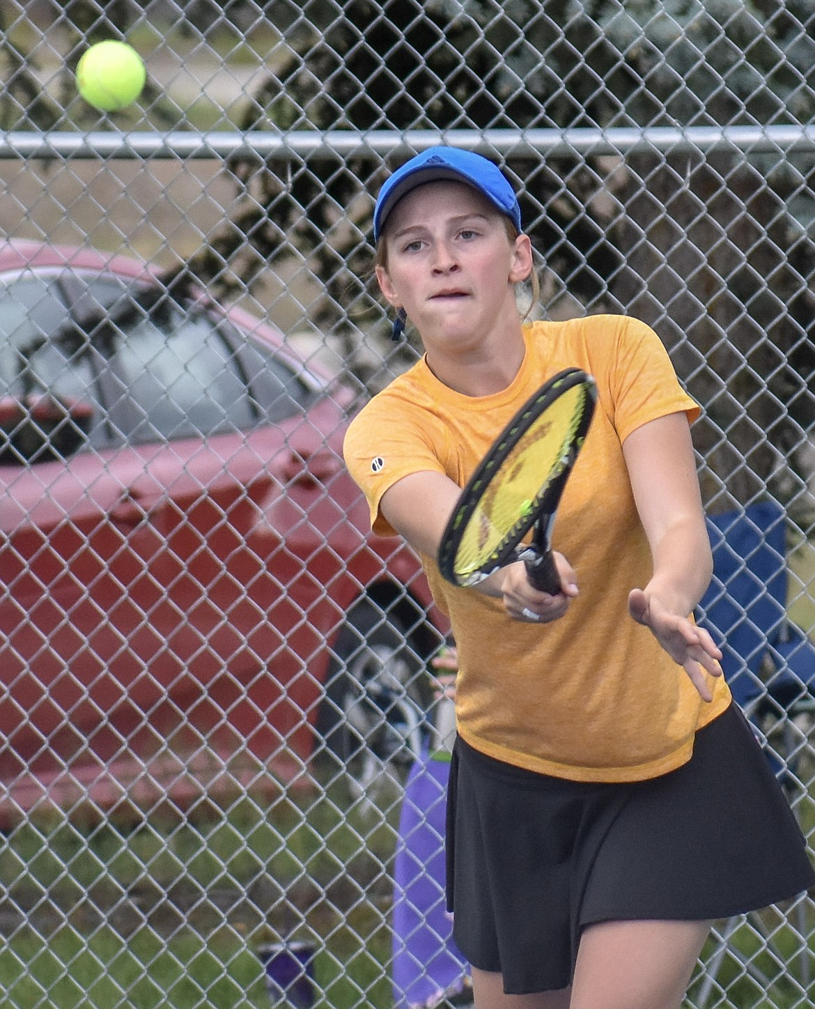 Libby&#146;s Jessika Jones returns a shot during the semifinal of the Northwest Class A Divisional in Libby on Friday, May 18. Though Jones and doubles partner Marissa Wood were knocked out of the championship, the won the consolation round, securing a spot at the State Tournament. (Ben Kibbey/The Western News)