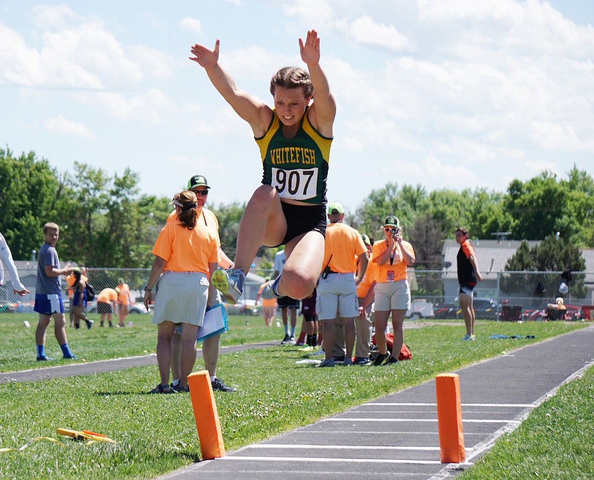 Annie Robertson competes in the long jump at the Class A state track meet in Laurel last weekend. (Photo courtesy Matt Weller)