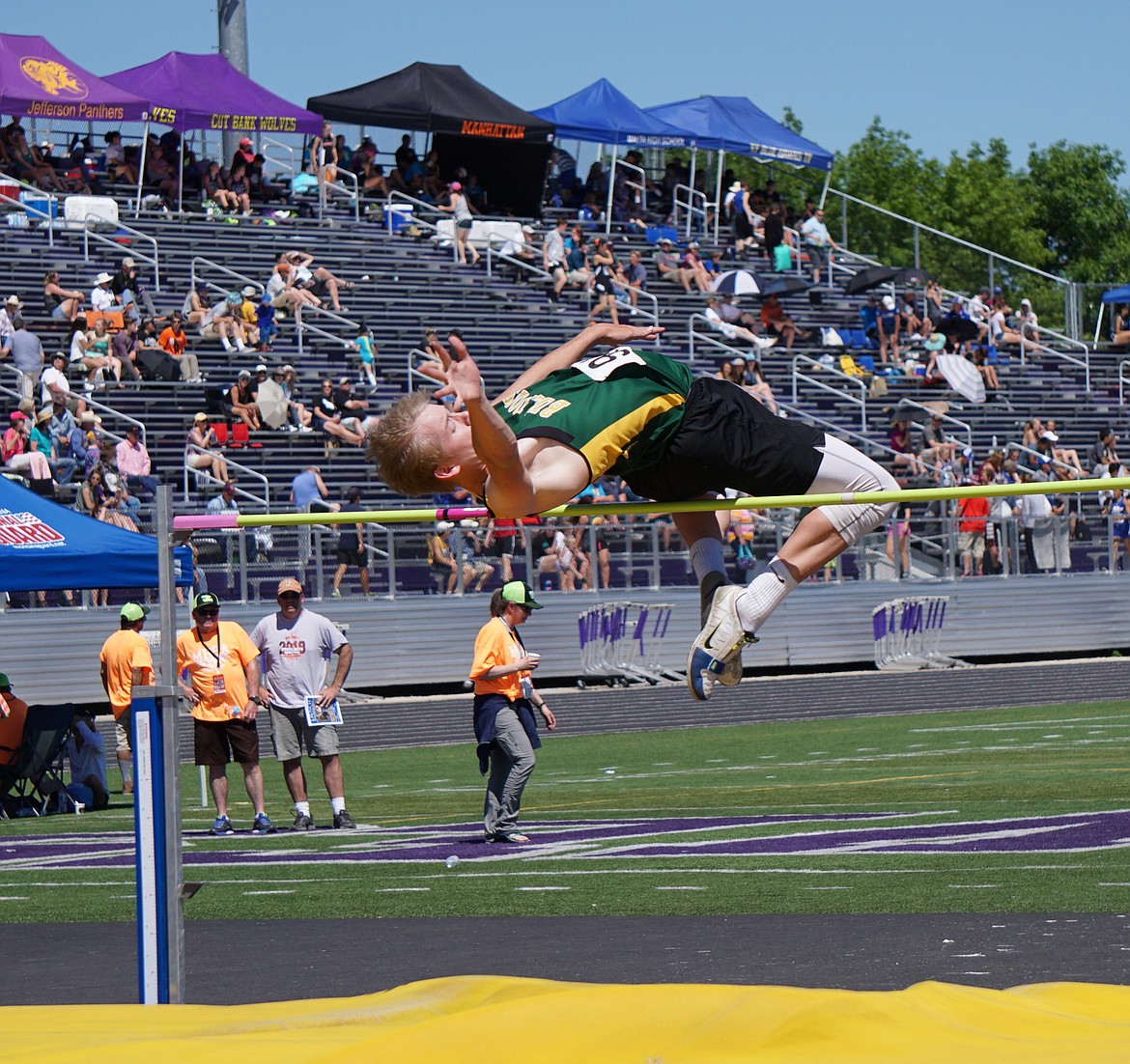 Bulldog Alex Barker competes in the high jump during the state Class A track meet last weekend in Laurel. (Photo courtesy Matt Weller)