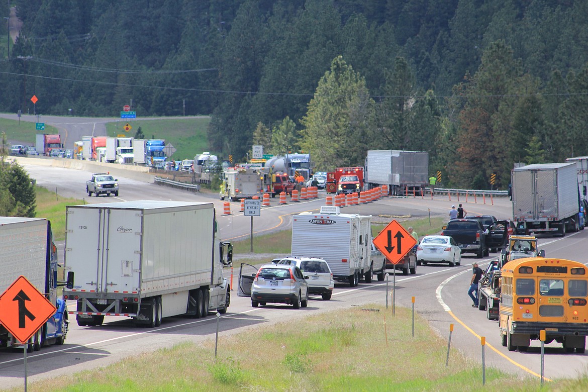 A chain reaction caused traffic to be delayed for nearly two hours on I90 near the Fish Creek exit on May 24. No injuries were reported but hazardous material was spilled causing further delays. (Kathleen Woodford/Mineral Independent)