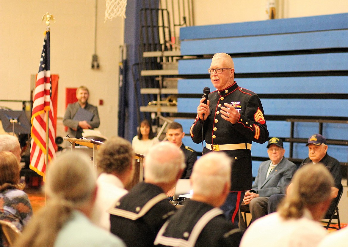 Sergeant Chuck Lewis spoke to the audience about patriotism during ceremonies on Armed Forces Day in Superior. (Kathleen Woodford/Mineral Independent)