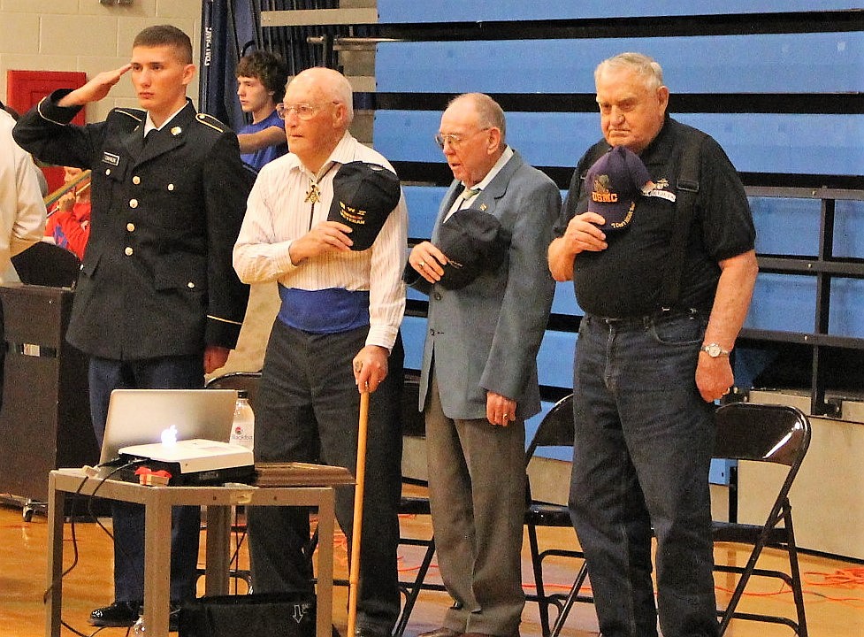 FROM Left, Superior senior Ryan Cahalin, Joe Magone, William Merriman, and John Cochran were honored during the Armed Forces Recognition Ceremony held on May 19 in the Superior High School gym. (Kathleen Woodford/Mineral Independent)