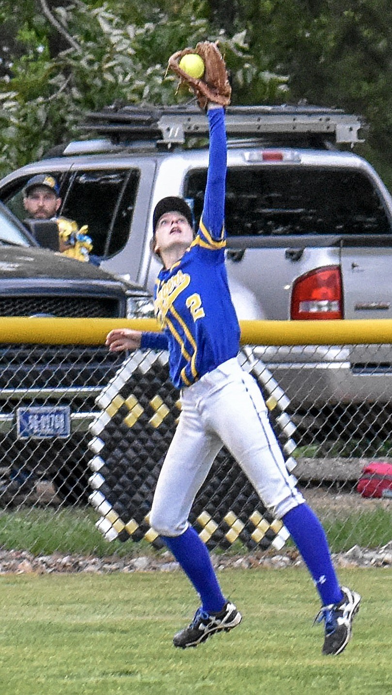 Libby junior Samantha Miller catches a line drive to right field for the first of three back-to-back outs in the sixth inning of the Lady Loggers&#146; 8-6 win over Columbia Falls on Friday.