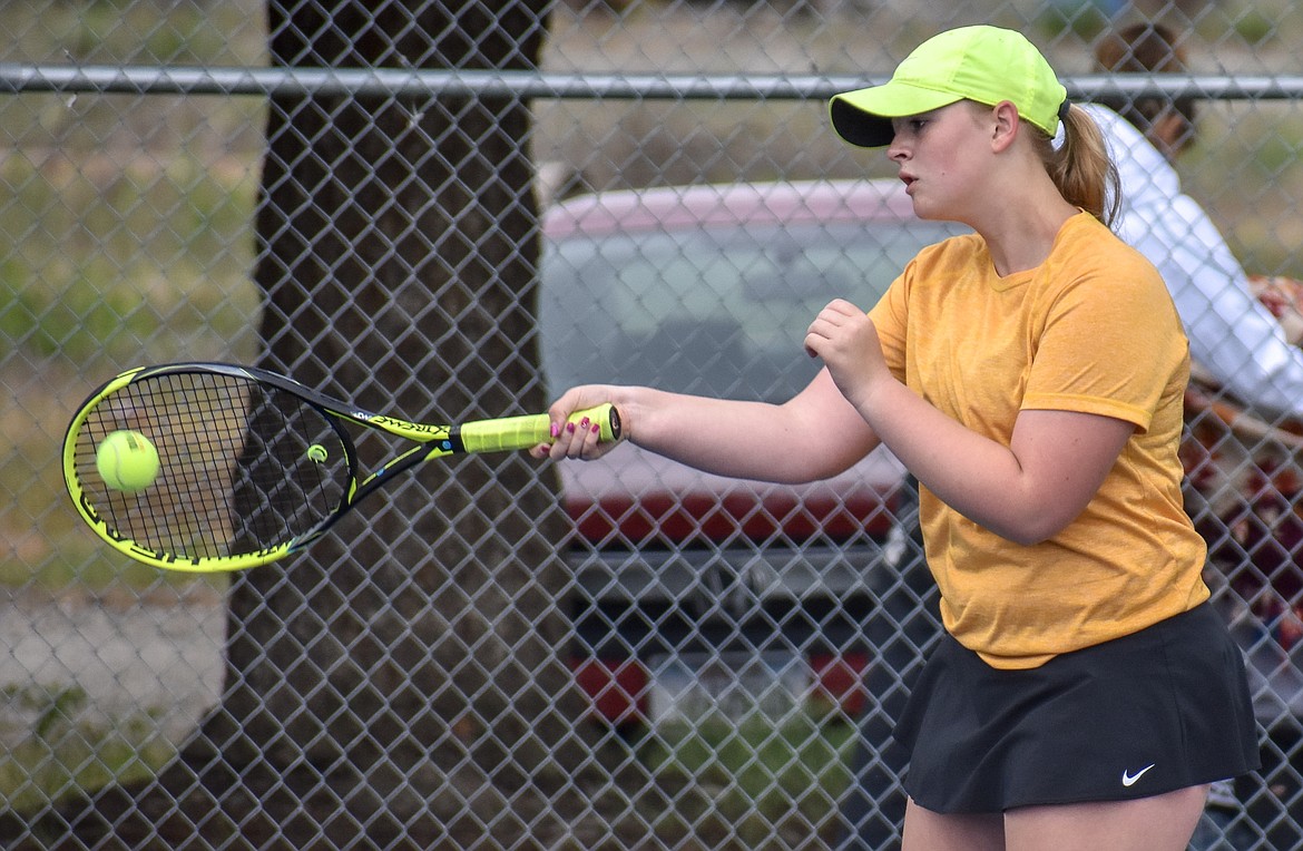 Laurynn Lauer and doubles partner Morgan Snyder made it to the semifinal round of divisional play at Libby on Friday, May 18, but were unable to advance. (Ben Kibbey/The Western News)