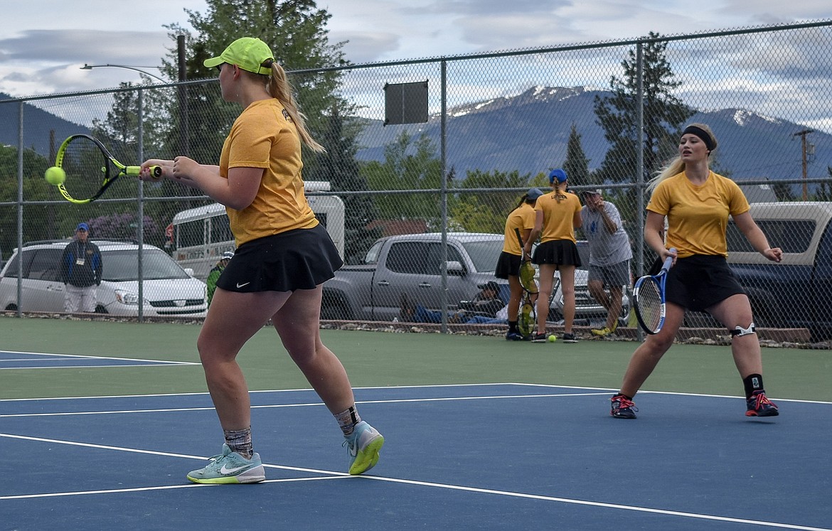 Laurynn Lauer and doubles partner Morgan Snyder made it to the semifinal round of divisional play at Libby on Friday, May 18, but were unable to advance. (Ben Kibbey/The Western News)