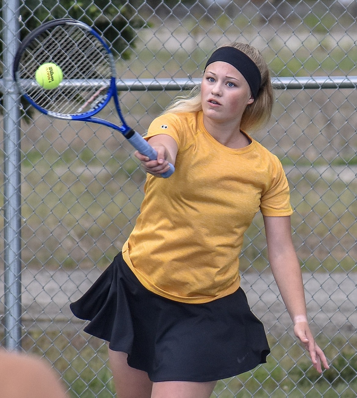 Morgan Snyder and doubles partner Laurynn Lauer made it to the semifinal round of divisional play at Libby on Friday, May 18, but were unable to advance. (Ben Kibbey/The Western News)