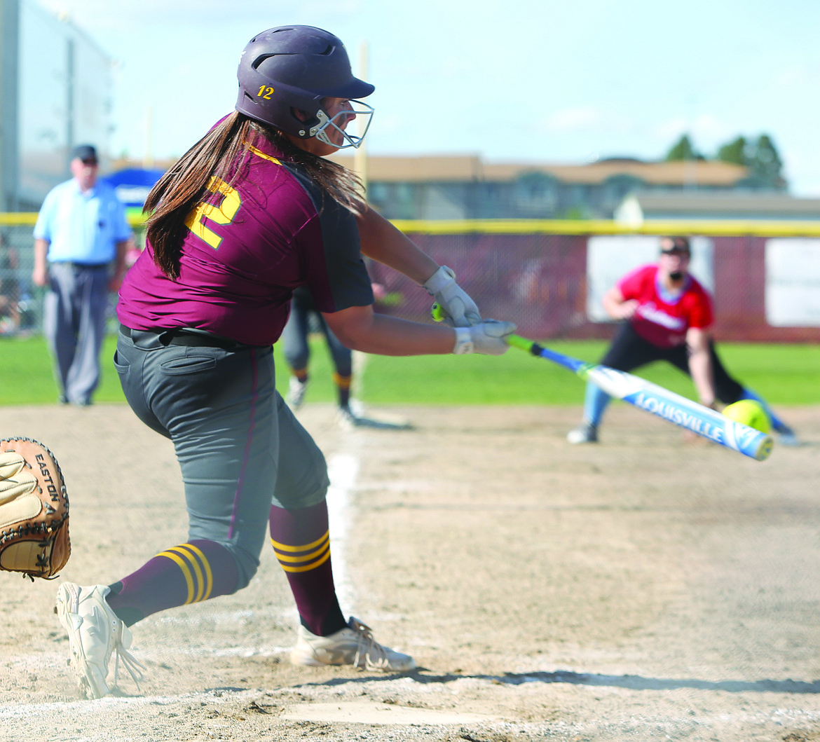 Connor Vanderweyst/Columbia Basin Herald
Moses Lake first baseman Brooke Richardson connects on a two-run single in the sixth inning against Eastmont.