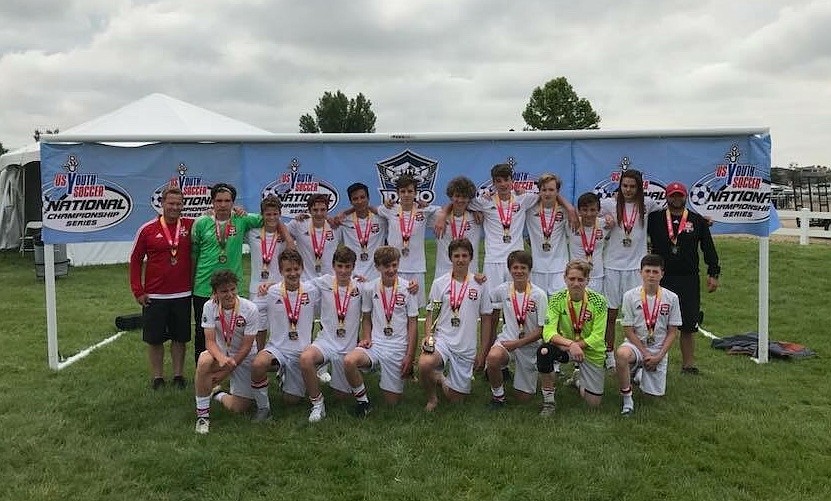 Courtesy photo
The Sting Timbers FC 03 Boys Red soccer team finished as runners-up at the Idaho State Cup championship in Boise on May 25-28. Sting Timbers beat FC Nova Gold 2-1 in the opening match. Ronan Malaghan and Cooper Proctor each scored once. Their goals were assisted by Cooper Proctor and Christopher Swider. In the second game, Sting Timbers tied 1-1 with CGA Academy SC Sounders Elite. Chris Koch scored for Sting Timbers. In the semifinal game against Idaho Rush Premier, who beat their previous opponents with scores of 12-0 and 8-0, Sting Timbers was victorious with a score of 1-0. Ronan Malaghan scored and was assisted by Logan Koller. Goalkeeper Tyler Allred made many saves to achieve the clean sheet. Sting Timbers played Boise National Timbers in the championship game, and lost 1-0.
In the front row from left are Brennan Miller, Christopher Swider, Ronan Malaghan, Devin Clafllin, Zander Moore, Miles Jones, Tyler Allred and Ashton Fredekind; and back row from left, coach Kevin Jump, Boston Robinson, Walker Jump, Logan Koller, Jordan Douglas, Quinn Clovis, Cooper Proctor, Connor Norris, Nate Durocher, River Engles, Chris Koch and coach Matt Ruchti.