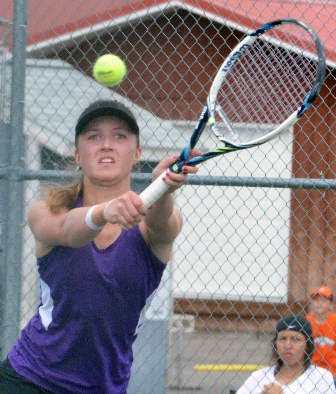 POLSON TENNIS player Shea McGuinness delivers a backhand shot during the Montana High School Association Class A state tennis tournament championship Saturday afternoon in Polson. (Jason Blasco/Lake County Leader)