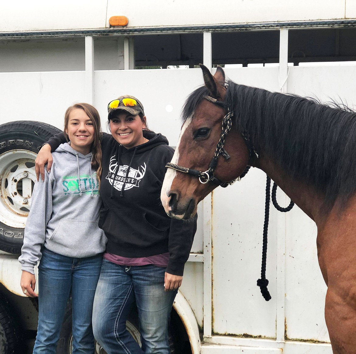 Carlie, left, and Rose Wagner of Plains getting set to hit the trails with their horses Fancy and Tuffy (pictured) for the Back Country Horsemen Poker Run event. (Erin Jusseaume/ Clark Fork Valley Press)