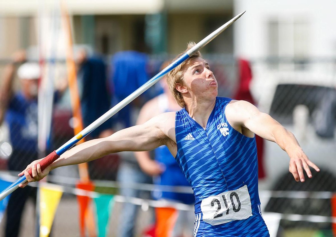 Drew Morgan throws the javelin during competition at the Class A State Track Meet in Laurel Saturday. (Austin Steele - Billings Gazette)