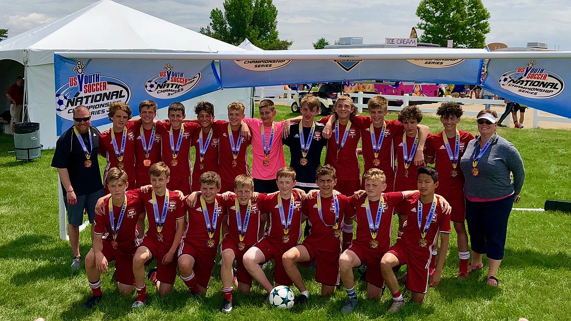 Courtesy photo
The Sting Timbers 04 Boys Red soccer team bested the Boise Nationals in a shootout in their final game to take third at the recent Idaho State Cup. Shootout goals were scored by Noah Janzen, Joseph Sarkis, Kohrt Weber and Andon Brandt. Kael McGowan blocked 2 shots in goal to end the shootout 4-2. In regular tournament play goals were scored by Alex Reyes-2 and Tyler Gasper-1 on an assist by Kohrt Weber. Devyn Ivankovich and Kael McGowan teamed in goal over the weekend. In the front row from left are Noah Janzen, Nicholas Mason, Sean Dremann, Andon Brandt, Tyler Gasper, Joseph Sarkis, Bryce Allred and Patrick Du; and back row from left, coach Kasey Laffoon, Kohrt Weber, Evan Lowder, Evan Brinkmeier, Malachi Hutchens-Cohen, Zak Wenglikowski, Kael McGowan, Devyn Ivankovich, Jack Shrontz, Jameson Elliot, Cole Daricek, Alex Reyes and manager Teresa Janzen.