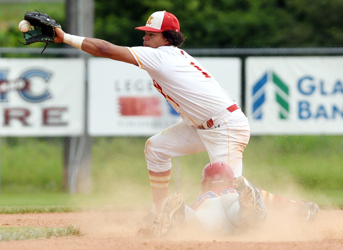 Medicine Hat&#146;s Cavan Kolody steals second base as Kalispell Lakers AA second baseman AJ Jones fields the throw at Griffin Field on Saturday. (Casey Kreider/Daily Inter Lake)