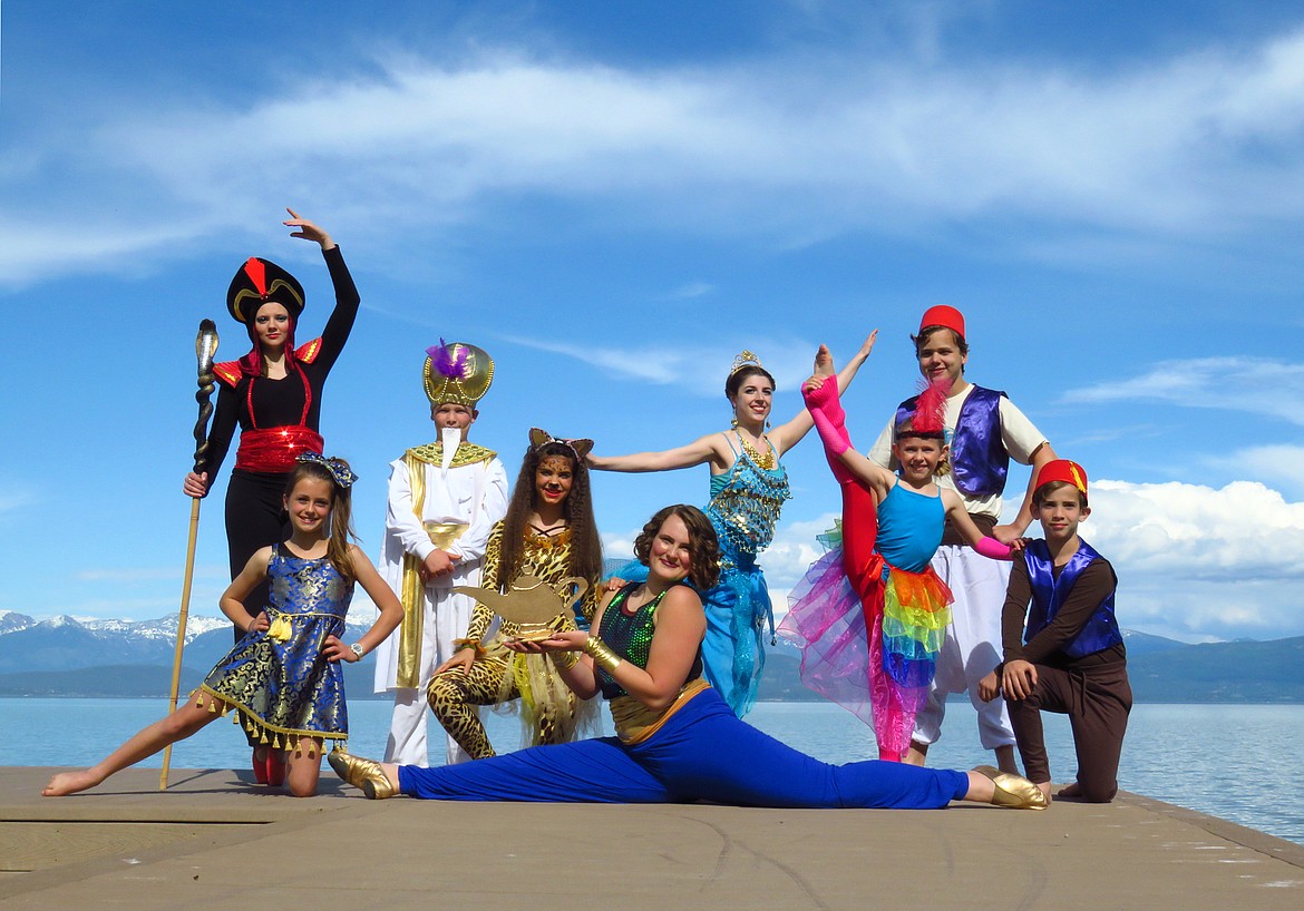 Above: The cast of Aladdin from left to right includes: Darika Dickerson as Jafar, Selah Lackey as the magic carpet, 
Nolan Campbell as the Sultan, Julia Brisendine as Rajah, Esther Williamson as the Genie, Amanda Sheppard as Jasmine, Isabella Grandrud as Iago, Daniel Jacobson as Aladdin and Elijah Williams as Abu. (Courtesy of Lakeside Dance Studio)