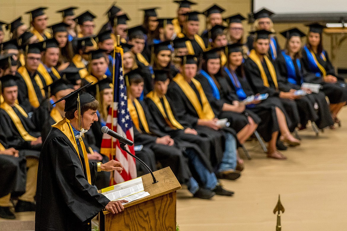 Brian Peck, salutatorian of the Libby High School Class of 2018, gives his commencement address in front of his classmates Saturday, June 2, 2018. 
(John Blodgett/The Western News)