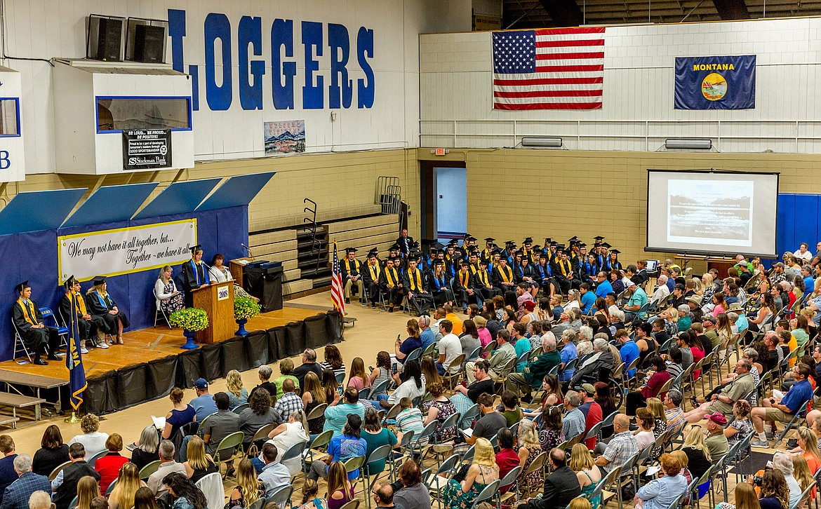 From the podium, Shannon Reny, co-valedictorian of the Libby High School Class of 2018, gives her commencement address on Saturday, June 2, 2018. 
(John Blodgett/The Western News)