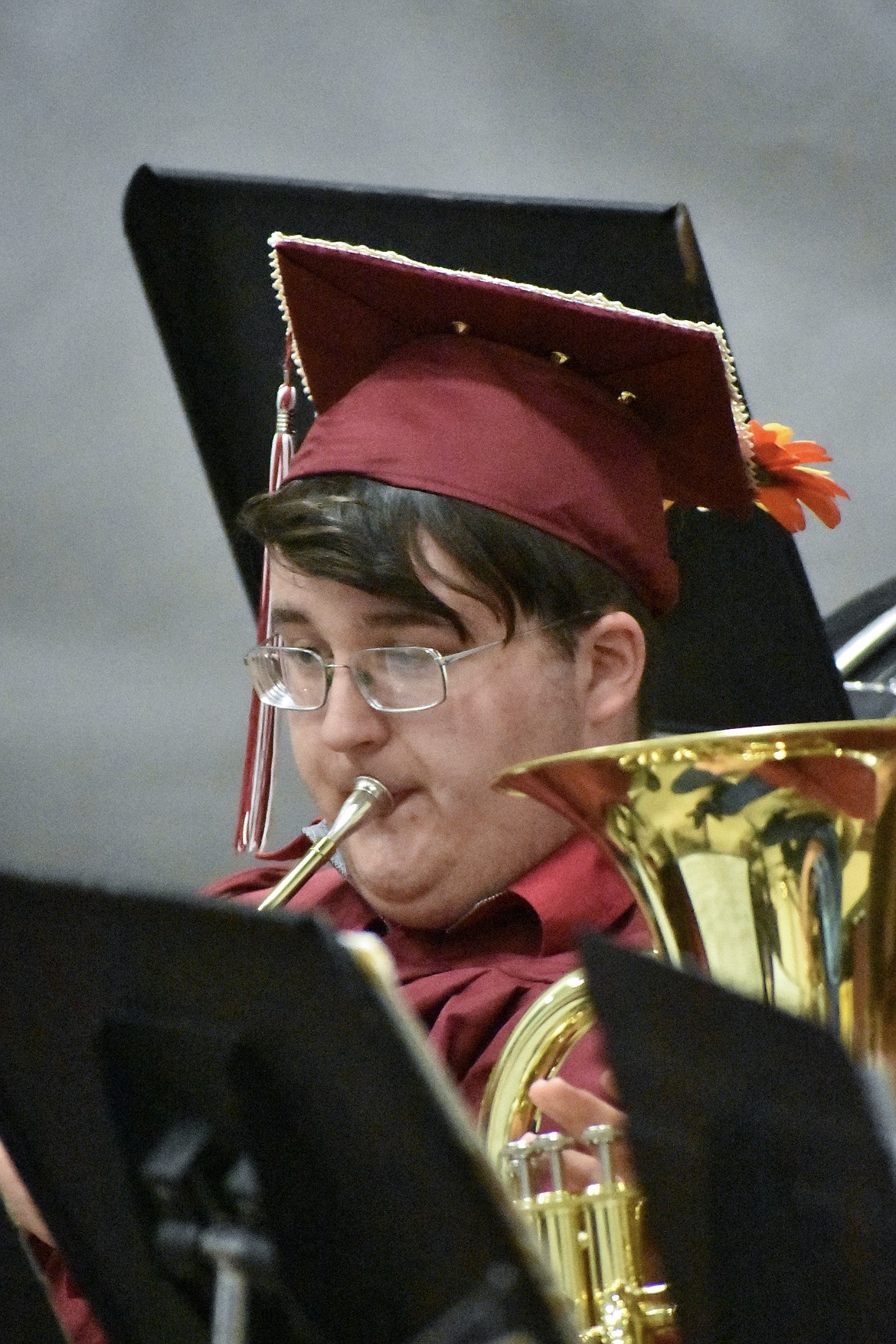 Troy graduate Johnathn Fossen plays as part of the Troy High School Band performing highlights from Moana, during Troy&#146;s graduation ceremony on Saturday, June 2, 2018. (Ben Kibbey/The Western News)