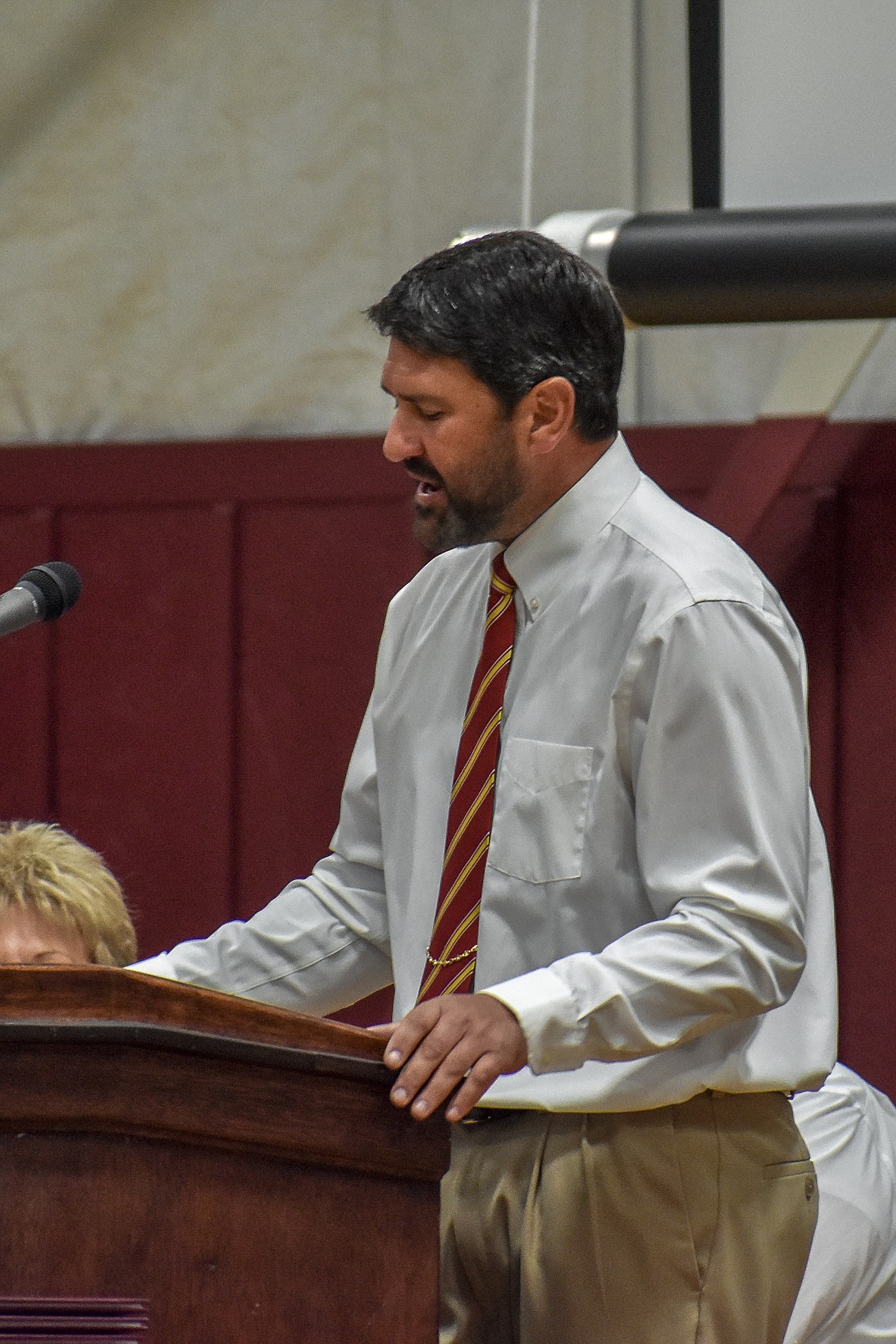 Honorary speaker and Troy High School teacher Cory Anderson speaks at Troy&#146;s graduation ceremony on Saturday, June 2, 2018. (Ben Kibbey/The Western News)