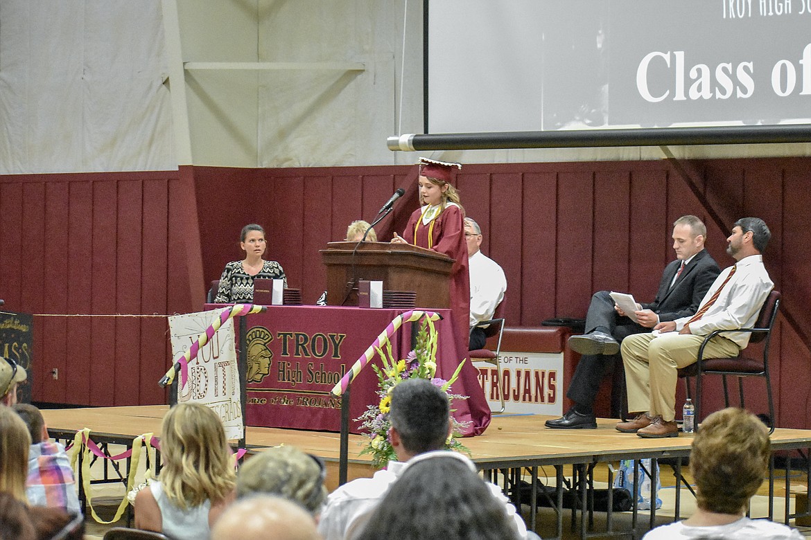 Troy High School class of 2018 salutatorian Kayleen Kidwell, who will go on to study at the University of Pennsylvania, addresses her classmates and well wishers at Troy&#146;s graduation ceremony on Saturday, June 2, 2018. (Ben Kibbey/The Western News)