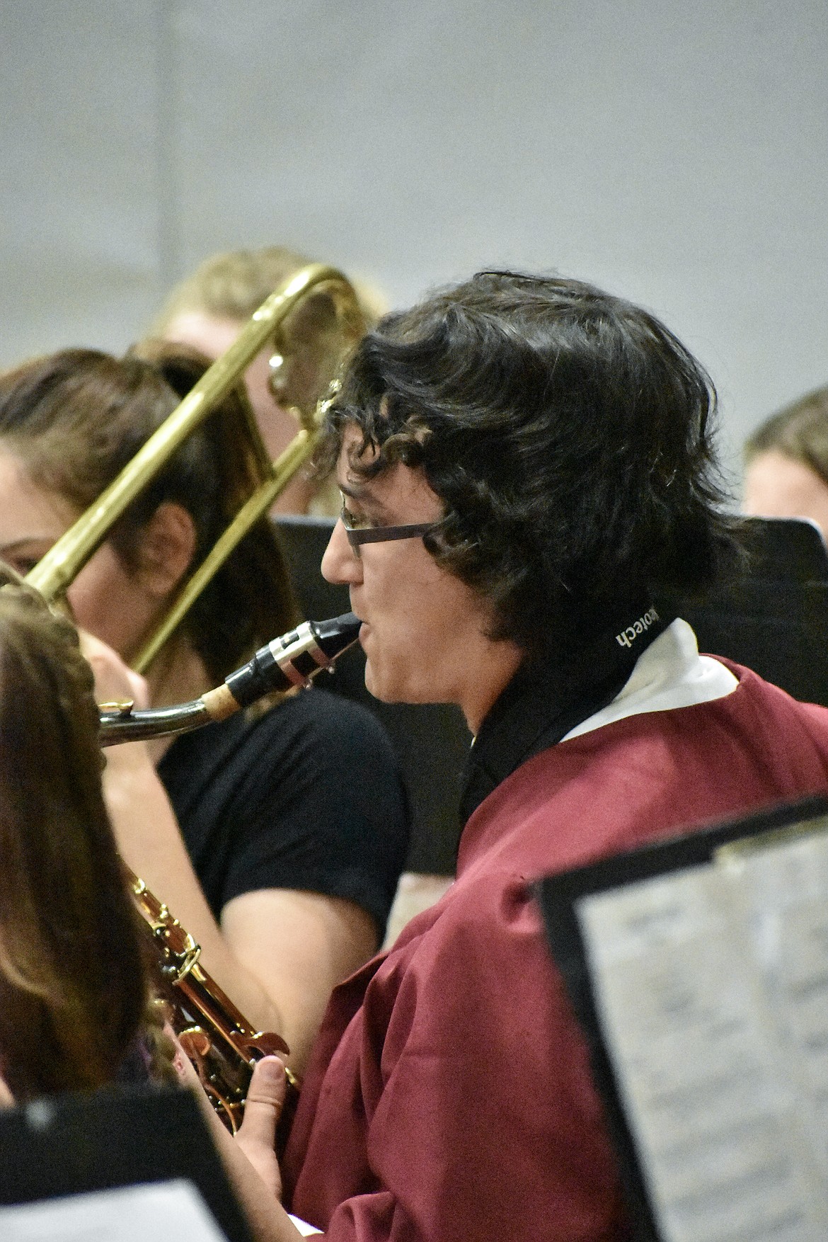 Troy graduate Liam Hennsley plays as part of the Troy High School Band performing highlights from Moana, during Troy&#146;s graduation ceremony on Saturday, June 2, 2018. (Ben Kibbey/The Western News)