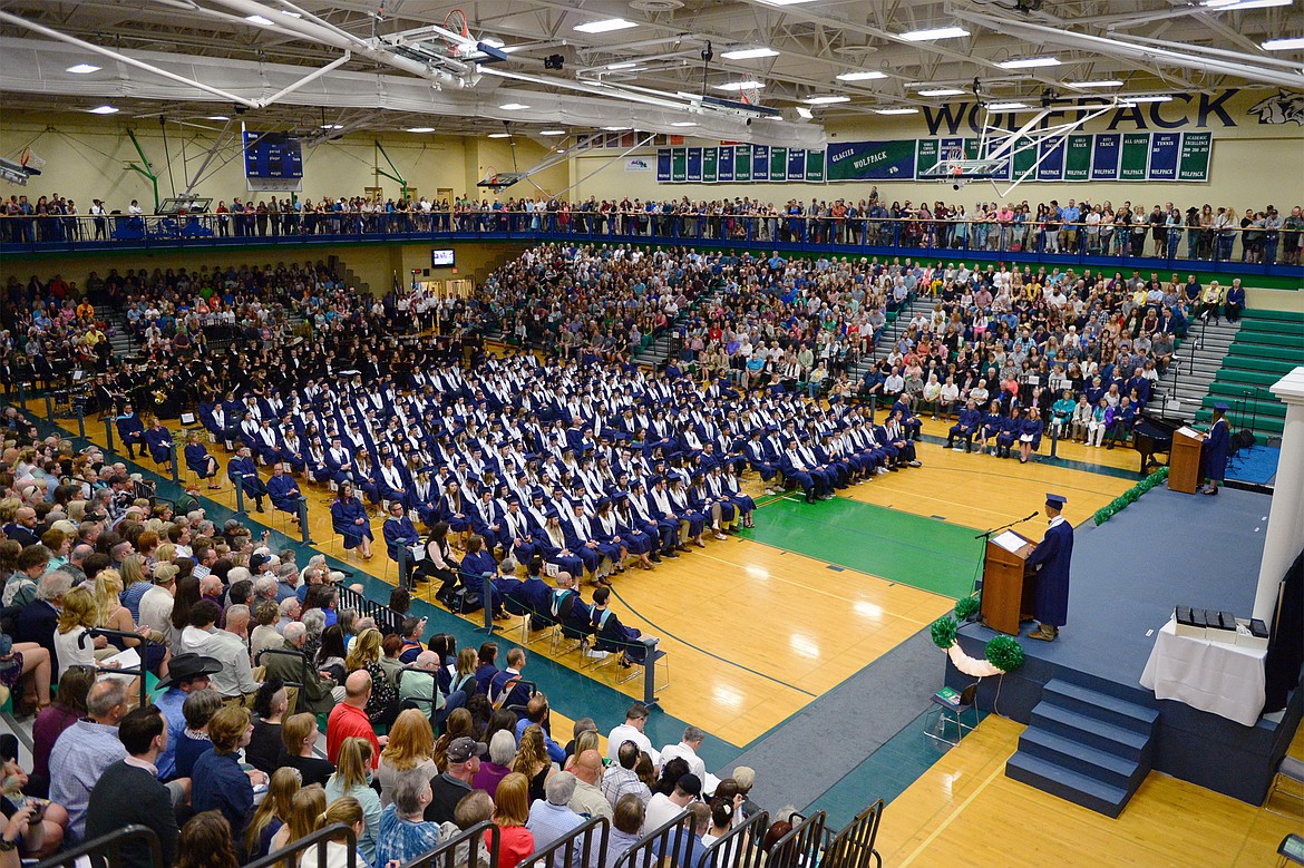 Graduating seniors and their friends and families fill the gymnasium at the Glacier High School Class of 2018 commencement on Saturday. (Casey Kreider/Daily Inter Lake)