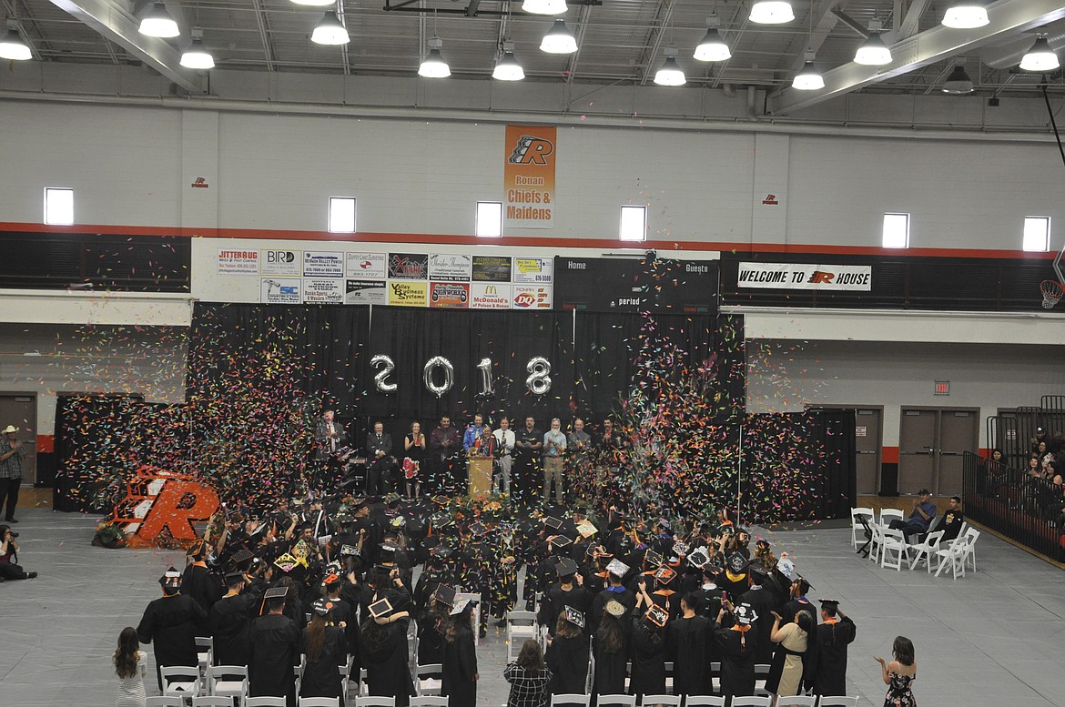 RATHER THAN throw their hats up into the air, the Ronan graduating class shot confetti instead. (Ashley Fox/Lake County Leader)