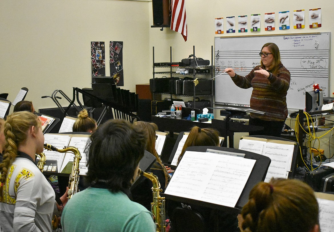 Troy School Music Educator Sheri Hand conducts class at Troy Middle/High School in April. (Ben Kibbey/The Western News)