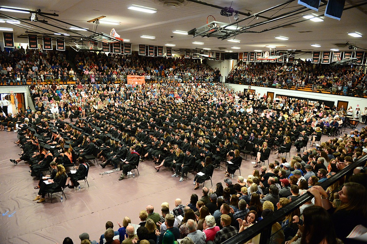 Graduating seniors and their families and friends fill the gymnasium at the Flathead High School Class of 2018 Commencement on Friday. (Casey Kreider/Daily Inter Lake)