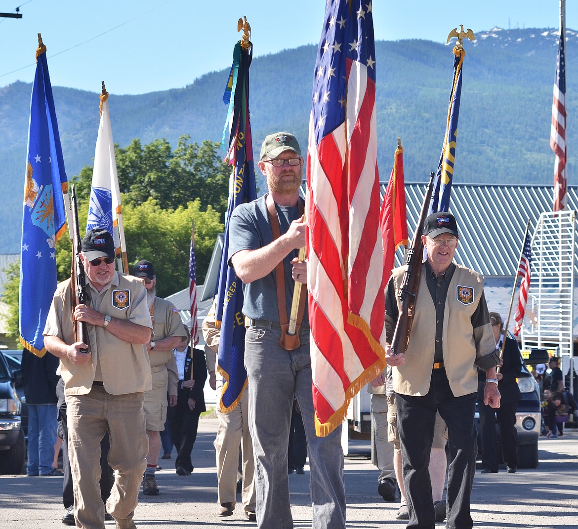 The Plains VFW Post 3596 Commander Doug Browning leads the way at the start of the Plains Day parade down Lynch Street in Plains. (Erin Jusseaume photos/ Clark Fork Valley Press)