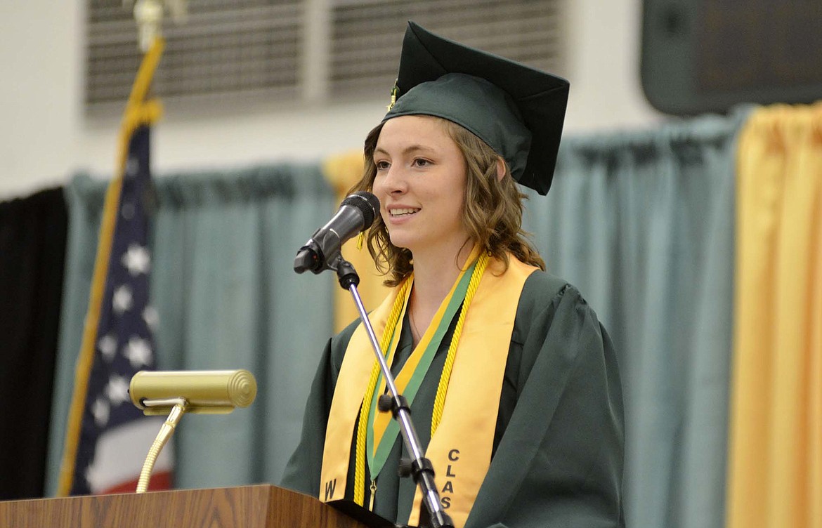 Grace Scrafford speaks Saturday during the Whitefish High School graduation ceremony at the gym. (Heidi Desch/Whitefish Pilot)