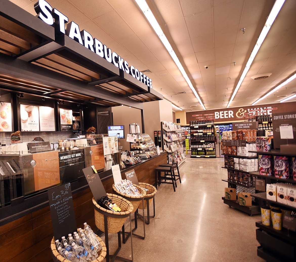 The new Starbucks stand at Albertsons with the expanded beer and wine section  in the background.