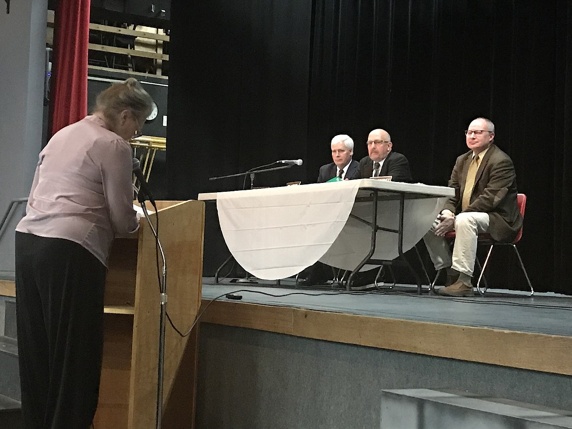 Sagle Avista customer Kathleen Clayton testified against the proposed Avista Hydro One merger during a public hearing conducted by the Idaho Public Utilities Commission at Sandpoint High School on Wednesday night.

(Photo by KEITH KINNAIRD)