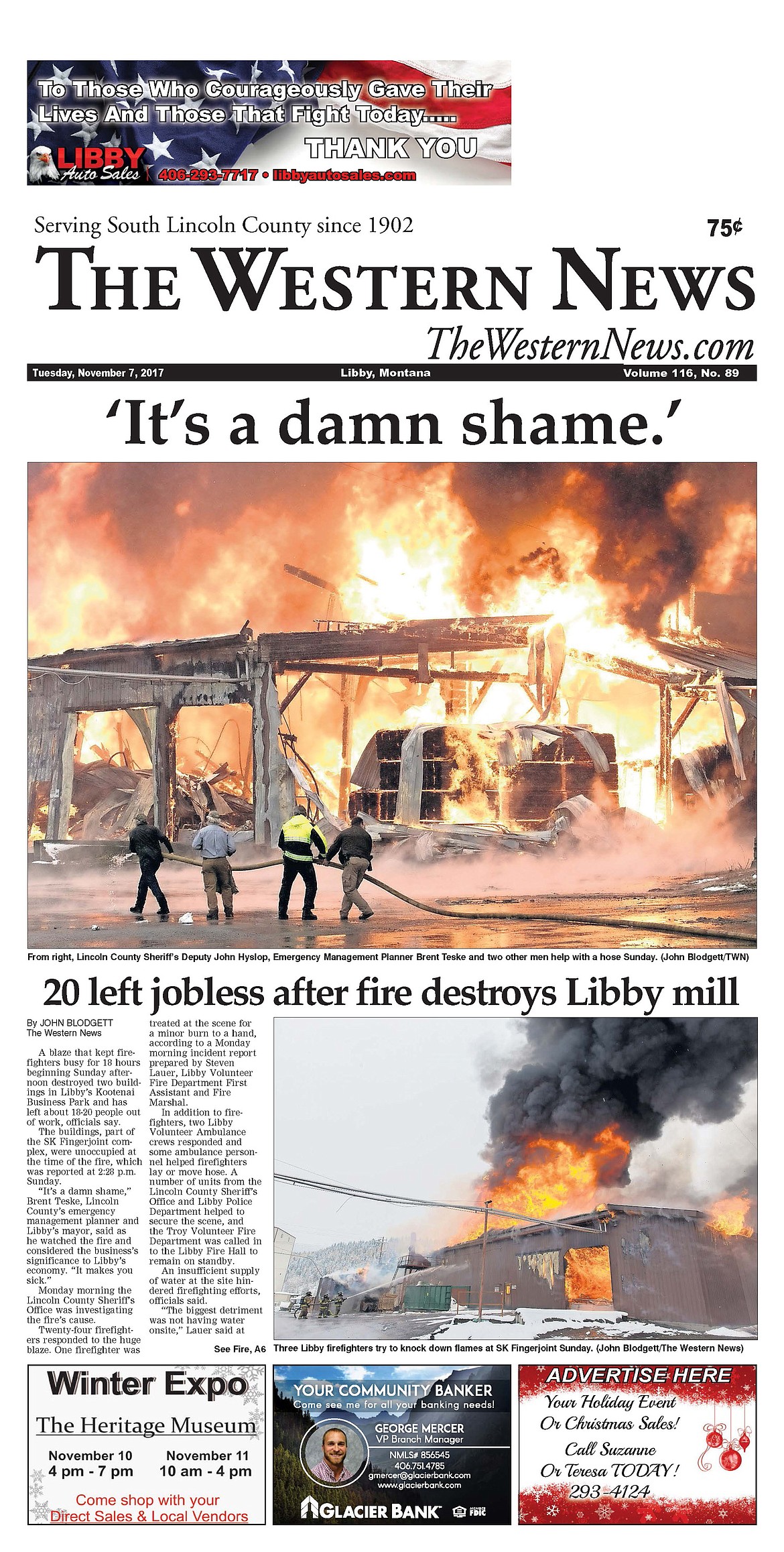 Published Nov. 7, 2017, John Blodgett&#146;s coverage of the SK Fingerjoint fire in Libby won second place in three categories: best front page, best breaking news story and best news photo. (The Western News file photo)