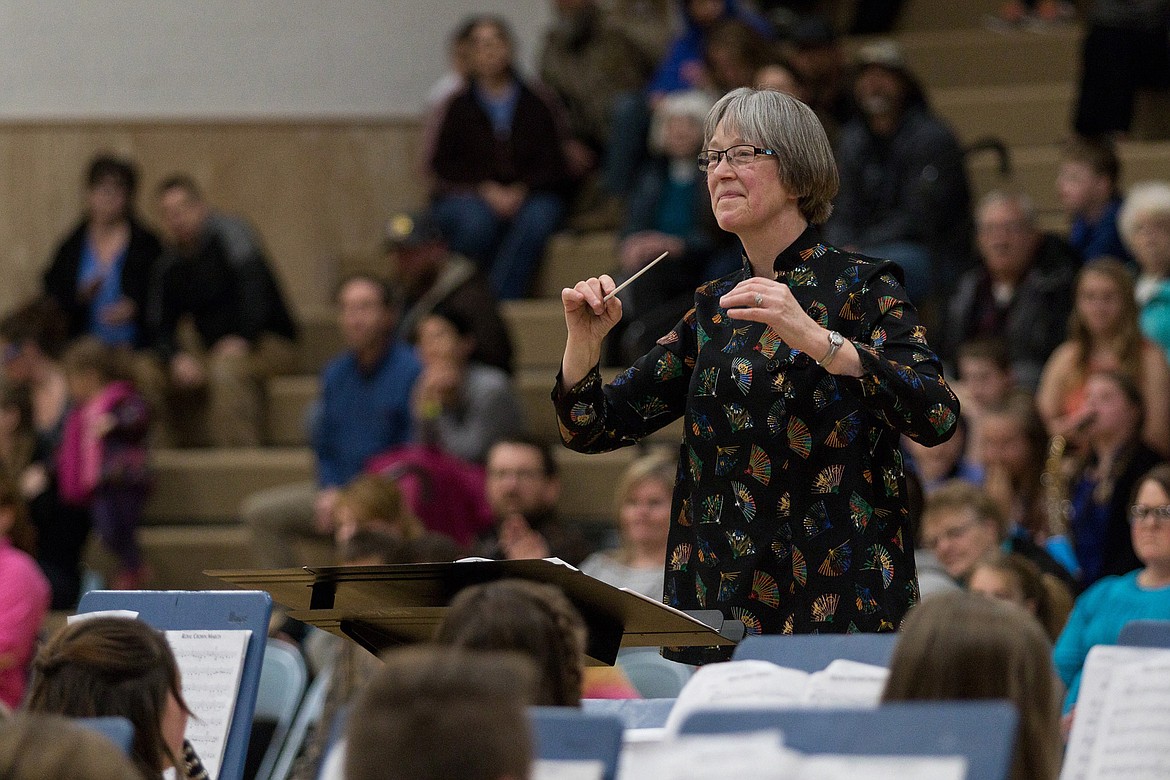 Libby Band Director Brenda Nagode leads a Libby Middle School and Elementary School band concert in the Libby Elementary School gym on March 27. Nagode is retiring this year. (John Blodgett/The Western News)