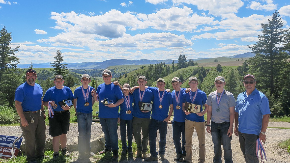 The Libby Rock Crushers competed in the Scholastic Clay Target Program’s Western Regionals, taking multiple wins and honors. Pictured: Head Coach Mike Cirian, Walker Mills, Ethan Morley, Isaac Morley, Chase Benner, Isaac O’Rourke, Austin Ihrig, Austin Rasmussen, Nate Pomeroy, Maverick Owens and assistant Coach Tom Bailey. (Courtesy photo)