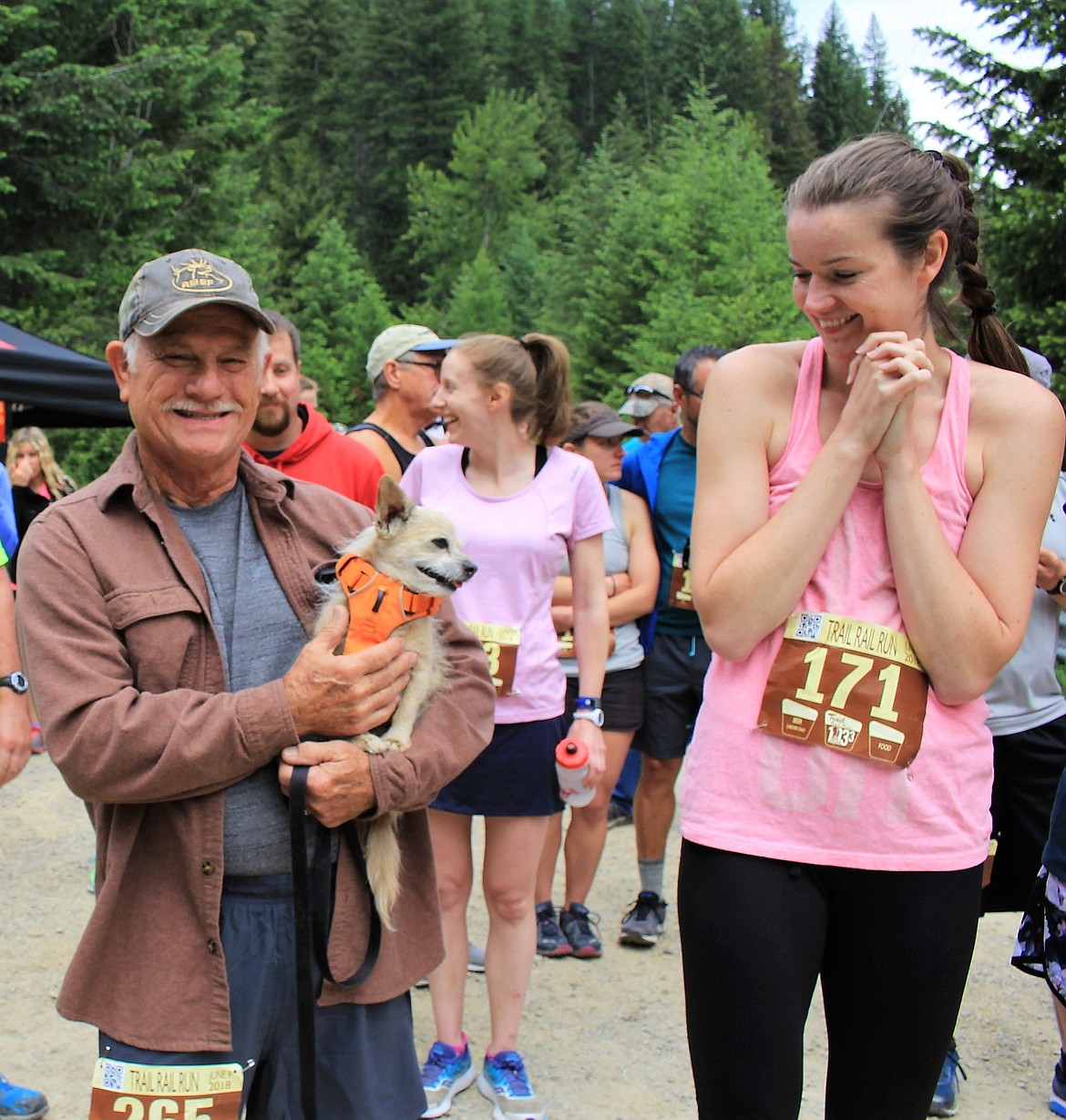 Wayne Chavez from Corvallis said his dog, Seth, is entered as a &#147;senior&#148; racer since he&#146;s 13 years old. Both were running the 12K on Saturday during the 2018 Trail Rail Run. (Kathleen Woodford/Mineral Independent)