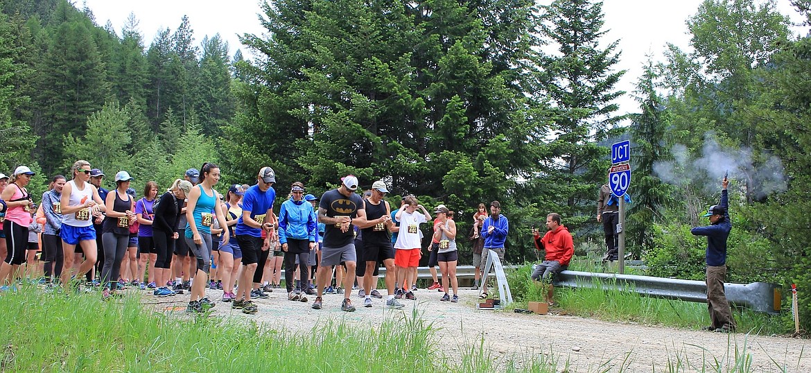 Racers were on their mark to start the 12K race at Ward Creek Road for the Trail Rail Run held on June 9 near St. Regis. Jon Coleman won the race with a time of 49:07.51. (Kathleen Woodford/Mineral Independent).