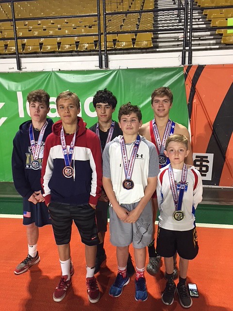 Courtesy photo
Buzzsaw Wrestling Club members competed in freestyle, Greco-Roman and folkstyle at the Western States tournament June 18-20 in Pocatello. In the front row from left are Rome Borley (4th in Greco), Dylan Moffat (3rd in all 3 styles) and Wyat Carey (5th in freestyle, 1st in Greco and folkstyle); and back row from left are Isaiah Vig (2nd in freestyle and Greco, 1st in folkstyle), Demarco Piazza (2nd in all 3 styles) and Nolan Randles (2nd in all 3 styles). Not pictured is Gavin Sherar (5th in folkstyle and Greco) and Garrett Ashby (2nd in freestyle).