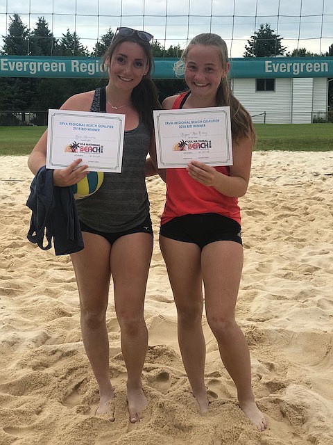 Courtesy photo
Kylie Marneris, left, of Timberlake High and Megan MacKinney of Coeur d&#146;Alene Charter Academy competed last Saturday at Browns Park in Spokane Valley and earned a bid to compete in the Junior Nationals Beach Volleyball Tournament in Siesta Keys, Fla., in July. Both are 16 and rising juniors, and both are members of the T3 Volleyball Club in Coeur d&#146;Alene.
