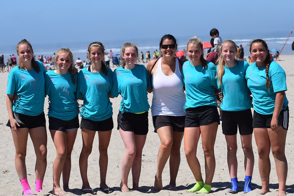 Courtesy photo
The North Idaho Inferno 03 girls soccer team finished fourth in the Sand division, bracket B, at the Soccer in the Sand 5v5 beach soccer tournament June 15-17 in Seaside, Ore. From left are Alex Gilbertson, Reagan Hartzell, Erin McPhee, Chase Crites, coach Ashley Rider, Riley Scherr, Teagan Chatterton and Valerie Flores.