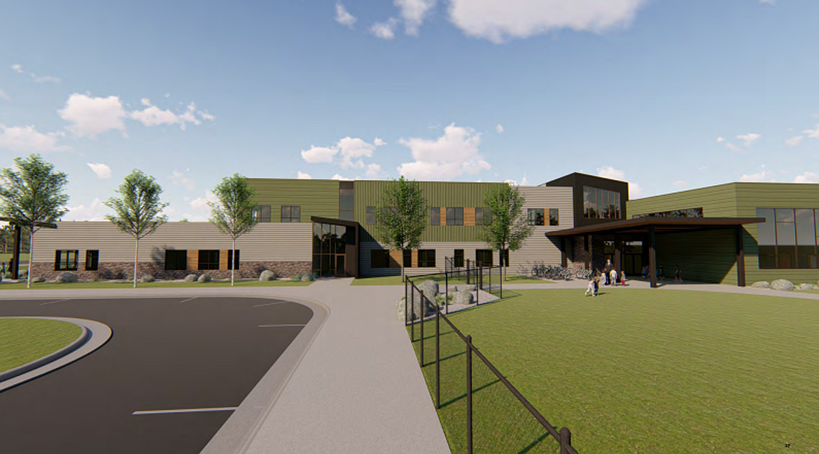 Two renderings by L&#146;Heureux, Page and Werner Architecture show the planned exterior design of the new Muldown Elementary School. (Photos provided)