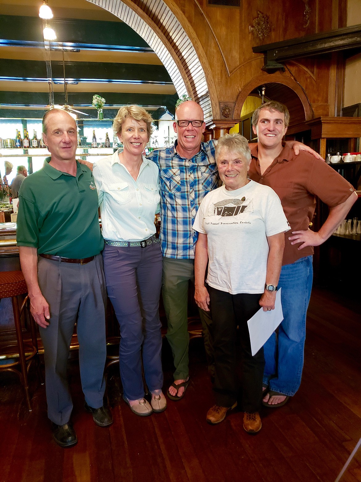 Photo courtesy of SHOSHANA COOPER
Taft Tunnel Preservation Society members Bill Dire, Jaime Schmidt, Jim Fowler, Linda Aldredge and Dean Cooper smile for the camera following their round-table discussion on June 22 at the Jameson in Wallace.